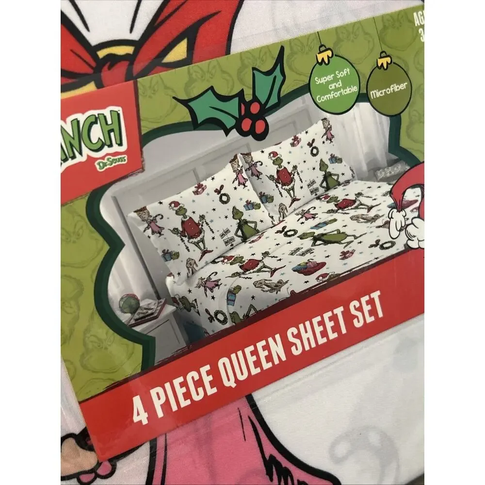 NEW Dr Seuss Grinch Queen Christmas Holiday Sheet Set 4 Piece Flat Fitted